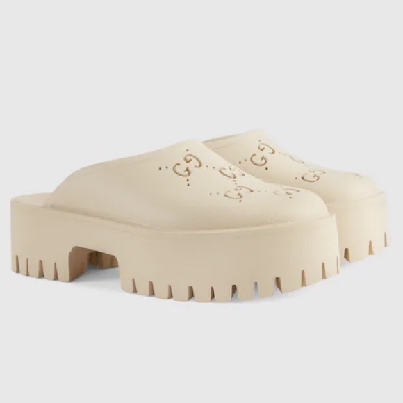 Gucci Perforated Rubber Clogs Platform Mule Cream Perforated G - Picture 1 of 7